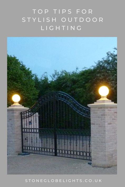 Create a grand entrance by night and day with the Finial Globe Lights. Designed for gateposts, pillars and piers with a dual day and night function. One moulded piece with ball and plinth combined. Colour customised to match your entrance décor and available in two sizes. Hand crafted with care in the UK with a 10 year warranty on the Finial Globe cover. Find out how you can have stylish outdoor lighting for your gated entrance and maximise your curb side appeal by clicking on the image. Gate Lights Entrance, Outdoor Entrance Lighting, Driveway Pillars With Lights, Driveway Columns, Globe Lights Outdoor, Gate Lights Outdoor, Pillar Lights Outdoor, Outdoor Globe Lights, Driveway Lights