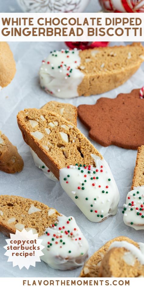 Gingerbread Biscotti are a Starbucks copycat that's crunchy, packed with warm spice flavor and dipped in white chocolate! They're festive, delicious and make great homemade Christmas gifts! #whitechocolate #biscotti #gingerbread Gingerbread Biscotti Recipe Starbucks, Gingerbread Cookie Dip, Gingerbread Biscotti Recipe, Christmas Biscuits Recipe, Gingerbread Biscotti, Christmas Cookie Tray, Christmas Biscuits, Sprinkle Cupcakes, Biscotti Recipe