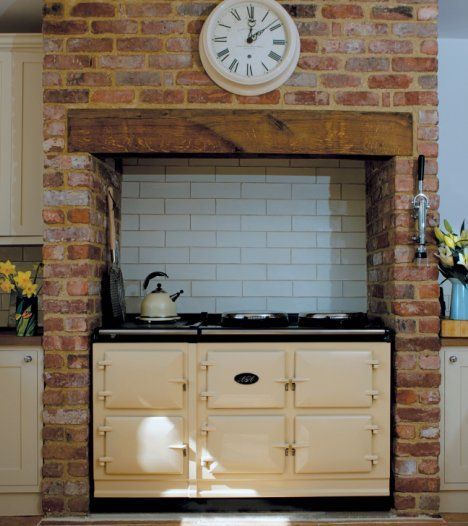 Small Aga Kitchen, Aga Cottage Kitchen, Cream Aga Kitchen, Kitchen With Aga Stove, Aga Oven Kitchen, Aga Cooker Kitchen, Aga Stove Kitchen, Aga Kitchen Farmhouse, Brick Range Hood