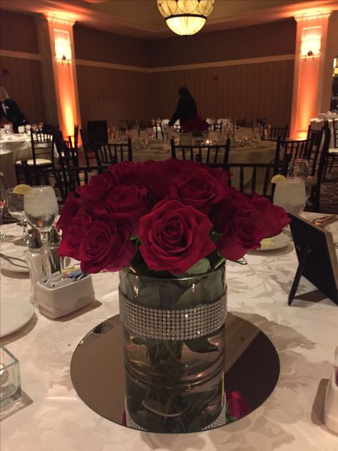 Red Silver Centerpieces, Red And White Quince Centerpieces, Roses Centerpieces Quinceanera, Maroon Centerpieces Quince, Red Black And Silver Party Decoration Centerpiece Ideas, Red Quinceanera Centerpieces, Red And Silver Wedding Decorations, Red And Silver Wedding Theme, Red Quince Centerpieces