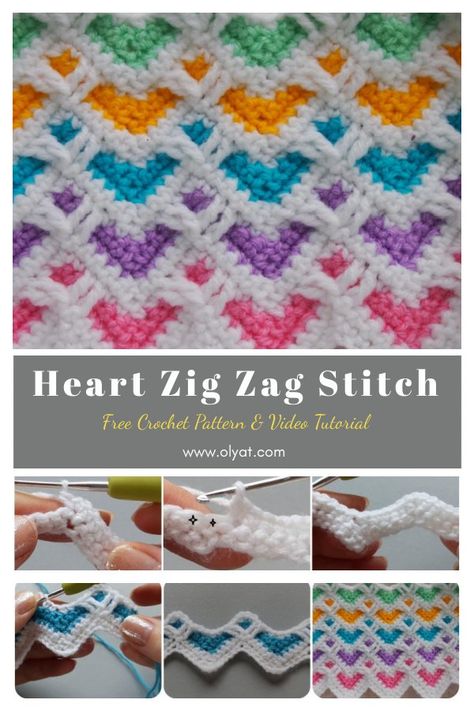 Heart Zig Zag Stitch Free Crochet Pattern and Video Tutorial Red Heart Free Crochet Patterns, Zig Zag Blanket Crochet Pattern, Zig Zag Crochet Sweater, Free Aphgan Crochet Patterns, 2 Color Crochet Blanket Pattern, Fun Crochet Stitches, Zig Zag Crochet Pattern, Crochet Quilt Pattern, Virkning Diagram