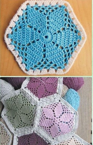 puntos de ganchillo para mantas diseños Afgans Crochet, Granny Square Hexagon, Hexagon Crochet Pattern, Crochet Square Pattern, Crochet Hexagon, Crochet Blocks, Haken Baby, Crochet Afghans, Freeform Crochet