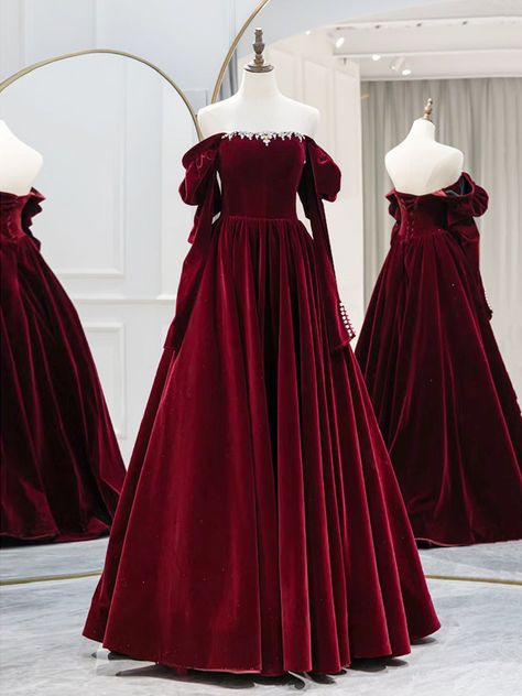 Red Velvet Prom Dress, Prom Dress Burgundy, Burgundy Evening Dress, Chic Black Dress, Dress Elegant Long, Velvet Prom Dress, A Line Prom Dress, Bow Wedding Dress, Long Formal Dress