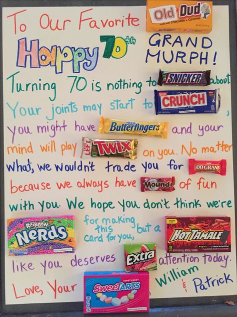 Milestone birthday candy poster- happy 70th grandpa! What To Get Your Grandpa For His Birthday, Grandpa 70th Birthday Ideas, 70th Birthday Poster Board Ideas, Things To Get Your Grandpa For His Birthday, Diy Birthday Gifts For Grandpa Ideas, Grandpa Bday Gifts, 70th Birthday Candy Bar Poster, Happy Birthday Cards For Mom Homemade, Grandpa Candy Bar Poster