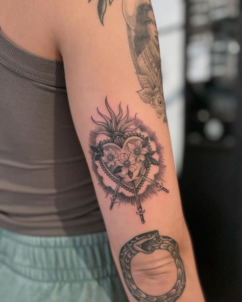 Sacred Heart added to Zoey’s collection done using @sombragrays Sacred Heart Mary Tattoo, Cross In Heart Tattoo, I Wish You Roses Tattoo, Sacred Heart Neck Tattoo, Sacred Heart Of Mary Tattoo, Corazon Sagrado Tattoo, Lady Guadalupe Tattoo, Small Sacred Heart Tattoo, Sacred Heart Tattoo Mexican