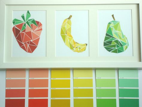 Paint Samples Crafts, Paint Swatch Art, Diy Geometric Decor, Samples Diy, Fruit Collage, Paint Chip Crafts, Diy Collage, Paint Chip Art, Chip Art