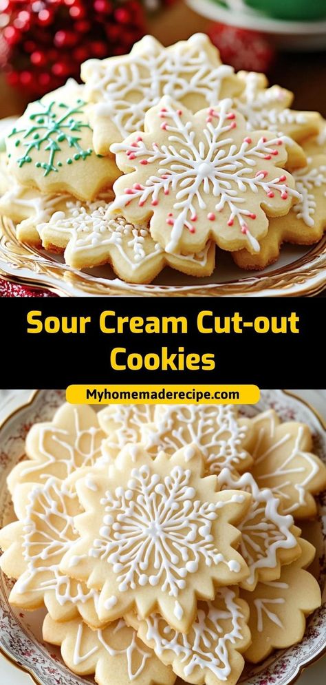 These sour cream cut-out cookies are soft, buttery, and perfect for decorating. Ideal for holiday baking with family and friends! Ingredients: 2 cups flour 1 cup sugar ½ cup sour cream 1 egg Make these cut-out cookies for a holiday baking activity that's perfect for decorating and enjoying Sugar Cookies Sour Cream Recipe, Christmas Sour Cream Sugar Cookies, Soft Sugar Cut Out Cookies, Sour Cream Cutout Sugar Cookies, Sourdough Discard Cut Out Sugar Cookies, Cream Cheese Cookie Press Cookies, Best Cutout Sugar Cookies, Soft Cut Out Cookies Sour Cream, Soft Chewy Cut Out Sugar Cookies