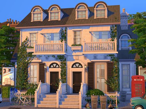 Sims 4 Base Game Townhouse, Sims 4 London Townhouse, Sims 4 Base Game Apartment, Townhouse Sims 4, Sims 4 Houses No Cc, Sims 4 Lots, Ts4 Builds, Townhouse Apartments, Townhouse Exterior