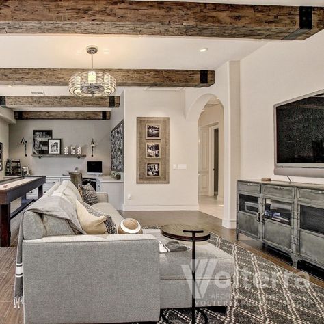 How to Add Decorative Beams to Low Ceilings - Volterra Architectural Products Beams On Low Ceiling, Faux Beams Flat Ceiling, Decorative Beams Ceiling, Adding Beams To Low Ceiling, Support Beams In Living Room, Wooden Beams Ceiling Living Room, Faux Beams Low Ceiling, Ceiling Accent Ideas, Fake Beams Ceiling