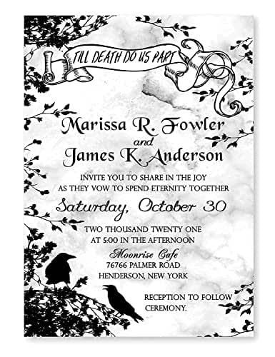 Black And White Invitations Halloween Raven Crow Theme Set of 50 With Postcard Response Rsvp Cards Gothic Crow Wedding, Crown Black And White, Black And White Invitations, Invitations Halloween, Halloween Raven, Wedding Renewal, Kitchen Clothes, Crown Black, Gothic Halloween