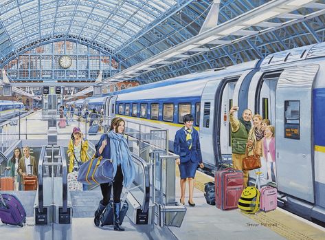 Trevor Mitchell Railway Scene Drawing, Metro Drawing Train Station, Festival Composition Drawing, Railway Station Memory Drawing, Memory Drawing, Beginner Drawing Lessons, Composition Drawing, Perspective Sketch, Composition Painting