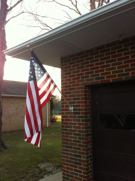 Flag On House Exterior, Hanging Flag On House, Flag Pole On House, Flag Pole Ideas Diy, American Flag On House, Flag On House, Flag Display Ideas, Brick Porch, Eagle Project