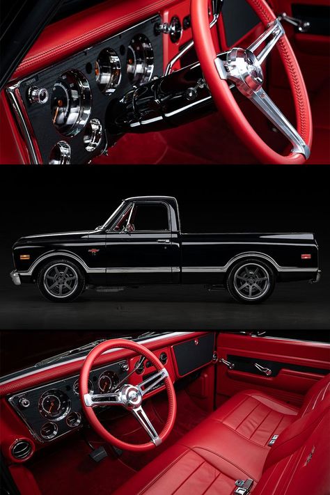 1971 Black Chevy C10 with red interior and Dakota digital guage C10 Trucks For Sale, Chevy C10 For Sale, C10 Interior, Custom Steering Wheel, C10 For Sale, Vintage Chevy Trucks, Floor Is Lava, Vintage Chevy, Roadster Shop