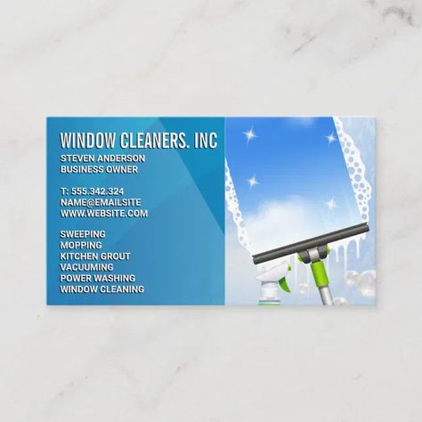 Cleaning Services | Window Cleaning | Squeegee Business Card (Front) Window Cleaning Business, Cleaning Bussines Cards Ideas, Window Cleaning Flyer Template, Window Cleaning Business Cards, Business Cards Cleaning Service, Kitchen Grout, Washing Windows, Professional Business Cards, Window Cleaner