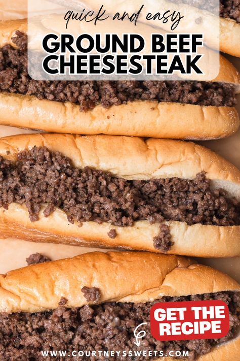 This easy ground beef cheesesteak has all the classic Philly cheesesteak flavors—juicy beef, melty cheese, and soft hoagie rolls. Perfect for quick weeknight dinners, it’s a family favorite that’s both affordable and delicious. Try this easy ground beef recipe for a satisfying meal everyone will love! Made in one skillet, one pan meals are the best! Ground Beef Steak And Cheese, Ground Turkey Cheesesteak, Philly Beef Sandwiches, Hamburger Cheese Steak, Simple Meals With Ground Beef, Philly Cheese Steak With Ground Beef, Hamburger Philly Cheese Steak, Ground Beef Cheese Steak, Ground Beef And Cream Cheese Recipes