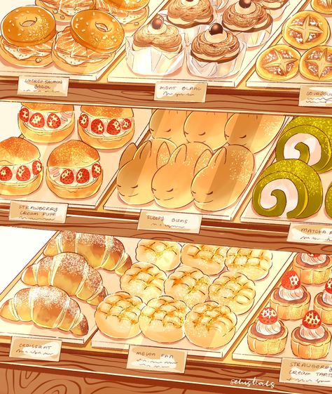 Anime Bakery Wallpaper, Bakery Art Drawing, Anime Baking Aesthetic, Cute Bakery Wallpaper, Bakery Illustration Art, Food Illustration Art Creative, Bakery Art Illustration, Cute Bakery Drawing, Baking Drawing Reference