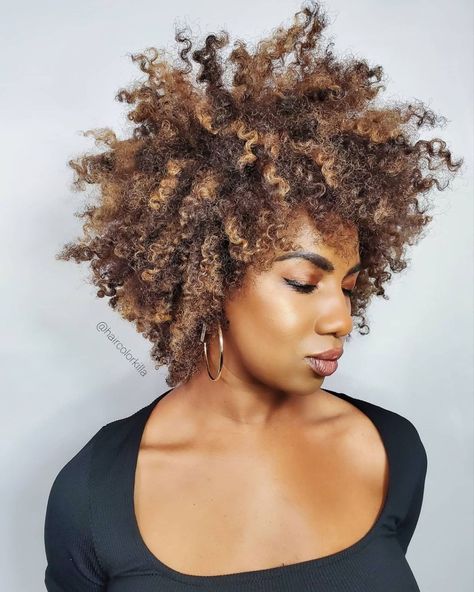 Natural Hair with Highlights Natural Hair Highlights, Dark Chocolate Brown Hair, Blonde Ends, Brown Hair Shades, Short Brown Hair, Brown Hair With Blonde Highlights, Dyed Natural Hair, Pelo Afro, Brunette Color