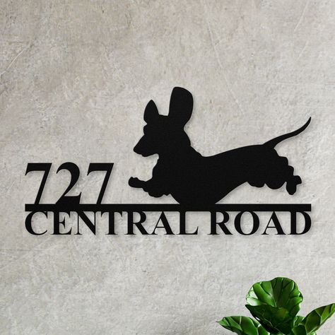 "MANY OTHER DOG BREEDS AVAILABLE AS WELL, SEND US A MESSAGE! Funny Dachshund Custom Metal Address Sign for House, Dachshund Gift, Personalized Doxie Decor Metal Wall Art, Weenie Wiener Weiner Dog Gifts Elevate your home decor with a beautiful metal sign. Made with 18 gauge steel and powder coated in your choice of 5 colors, this sign is built to withstand the elements for years of enjoyment. Add a touch of elegance to your home on the inside, outside, or both! * 18 Gauge Steel * 5 Color Options Weiner Dog Svg, Daushound Gifts, Dachshund Wood Art, Dachshund Metal Art, Dachshund Decor, Doxie Dogs, Dachshund Art, Funny Dachshund, Dachshund Gifts