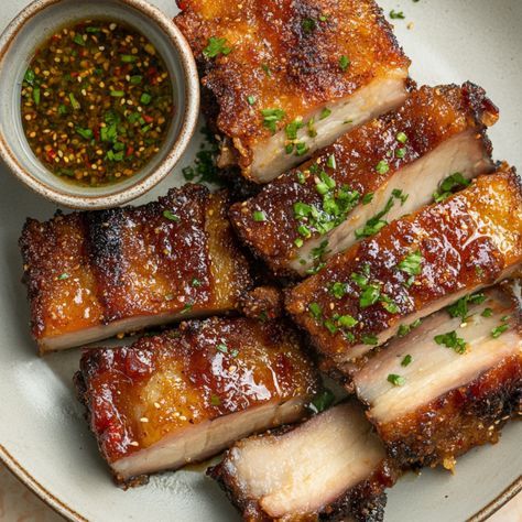 Crispy Air-Fryer Pork Belly with Anchovy Dipping Sauce – Gymonset How To Cook Pork Belly, Pork Belly Crackling, Pork Belly Sliders, Escarole Soup, Anchovy Sauce, Leftover Pork, Pork Belly Recipes, Crispy Pork Belly, How To Cook Pork