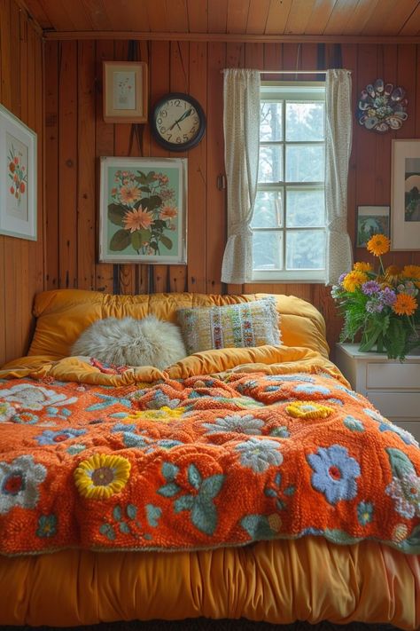 Eclectic Bedding Inspiration, 70s Style Bedroom, Groovy Bedroom, Vintage Bedroom Ideas, Vintage Bedroom, Dream House Interior, Apartment Inspiration, Room Inspiration Bedroom, Room Ideas Bedroom