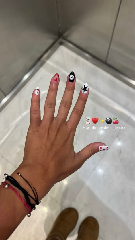 Preppy Nails Design, Streetwear Nails Short, Zach Bryan Nails Design, Different Design Each Nail, Nails Acrylic Trendy, Two Nail Designs, Black Nail Designs Aesthetic, Short Gel Nails Red, Busy Nails