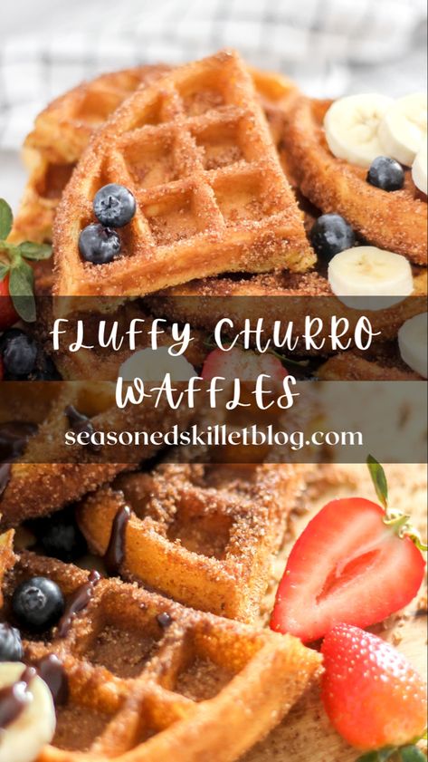 Light and Fluffy Churro Waffles with Warm Chocolate Ganache are the perfect breakfast or brunch recipe that’s easy, quick and simple to make! They are light and fluffy on the inside, crispy on the outside and served with fresh fruit like bananas, strawberries, blueberries, and a drizzle of warm chocolate sauce or whipped cream. Churro Waffles, How To Make Waffles, Churros Recipe, Fluffy Waffles, Crispy Waffle, Brunch Recipe, Strawberries Blueberries, Treats Recipes, Waffles Maker