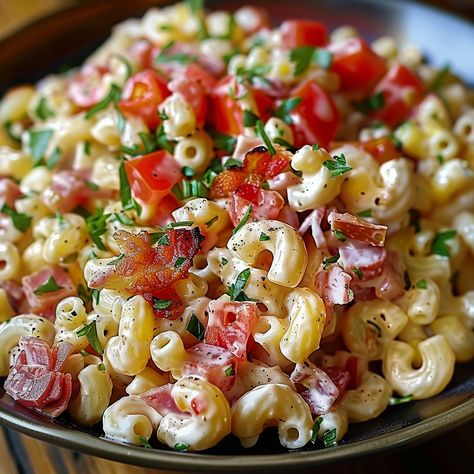 Blt Macaroni Salad Recipe, Blt Macaroni Salad, Macaroni And Tomatoes, Classic Blt Sandwich, Blt Recipes, Tomato Pasta Salad, Blt Salad, Blt Pasta Salads, Mac Salad