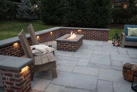 stone-patio-brick-wall-landscaping - Limbach's Landscaping Brick Wall On Patio, Brick Wall Patio Ideas, Brick Patio With Retaining Wall, Back Yard Brick Wall, Brick Retaining Wall, Stone Patio With Retaining Wall, Bbq Built Into Retaining Wall, Stamped Patio With Retaining Wall, Paving Design