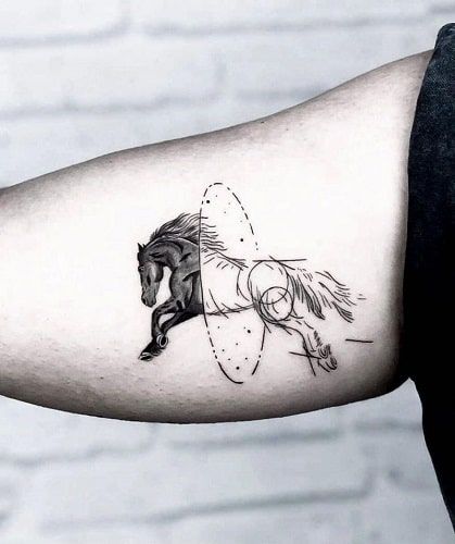 50 Horse Tattoo Ideas for Your Inspiration Geometric Tattoo Horse, Equine Tattoo, Small Horse Tattoo, Geometric Horse, Horse Tattoo Design, G Tattoo, Rasy Koni, Western Tattoos, Tattoos For Lovers