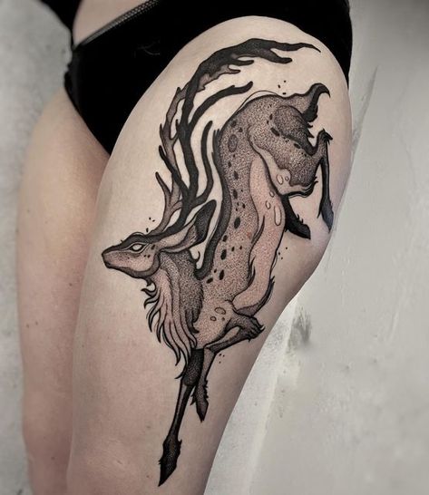 Fantasy Animal Tattoo, Deer Tattoo Drawing, Faunwood Tattoo, Creepy Deer Tattoo, Japanese Deer Tattoo, Creepy Animal Tattoos, Fantasy Forest Tattoo, Deer Back Tattoo, Deer Skeleton Tattoo