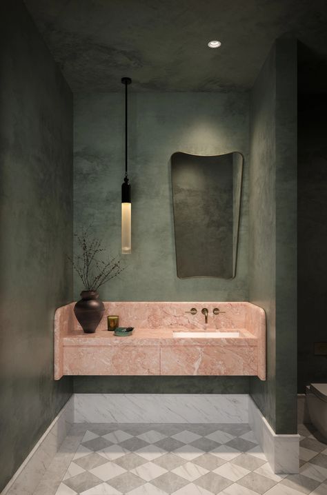 Powder Toilet, Green And Pink Bathroom, Green Toilet, Bathroom Moodboard, Residential Development, Powder Room Design, Small Bathroom Ideas On A Budget, Toilet Design, Downstairs Bathroom