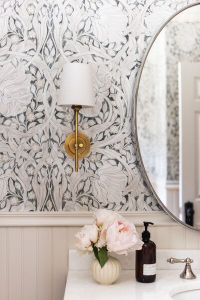 Beaded Mirror Bathroom, Redo Bathroom, Half Bath Design, Powder Room Wallpaper, Flowers Peonies, New House Bathroom, Brass Sconces, Welcome To My House, Powder Room Design