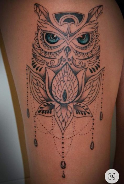 Owl Tattoo Thigh For Women, Mandela Owl Tattoo Design, Owl Ankle Tattoo For Women, Owl Lotus Tattoo, Owl Wrist Tattoos For Women, Owl Thigh Tattoo Women, Dream Catcher Owl Tattoo, Owl Tattoo On Thigh, Owl Wrist Tattoo