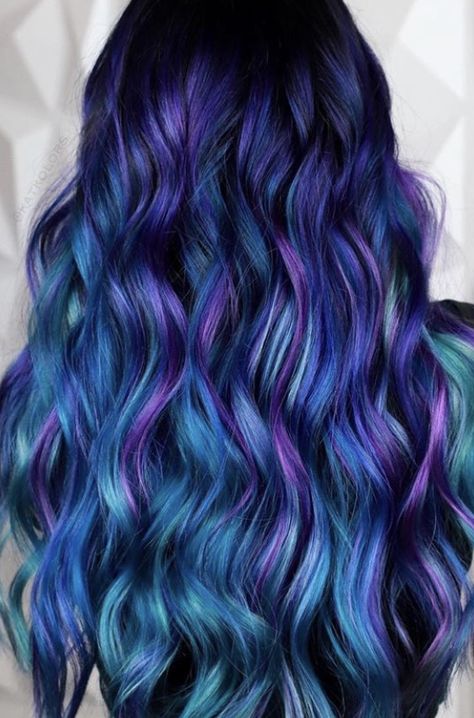 Dark Vivid Purple Hair, Blue Purple Teal Hair, Blue And Purple Balayage, Blue Hair With Purple Highlights, Multi Hair Color Ideas, Multi Colored Hair Highlights, Blue And Purple Hair Highlights, Blue And Purple Ombre Hair, Dark Blue And Purple Hair