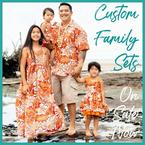 "Choose your styles and fabrics...custom family sets ate on sale now." Luau Family Outfits, Family Hawaiian Outfits, Luau Christmas, Tiki Wedding, Luau Outfits, Island Style Clothing, Tropical Fabric Prints, Hawaii Outfits, Couples Outfit