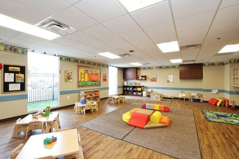 Daycare Design Spotlight: Primrose School of Buckhead, GA. Childcare Center Design, Carton Girl, Primrose School, Interior Door Color, Teacher Corner, Home Daycare Ideas, Childcare Rooms, Daycare Rooms, Classroom Arrangement