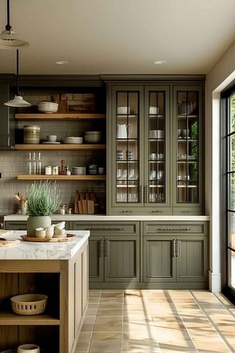 14 Kitchen Design Ideas to Revamp Your Culinary Space – VQNU Green Cabinet Brown Granite, Earthy Green Cabinets, Green Cozy Kitchen, Earth Tone Kitchen Cabinets, Earthy Green Kitchen, Earth Toned Kitchen, Earth Tone Kitchen Ideas, Glass Cabinets Kitchen, Earthy Modern Kitchen