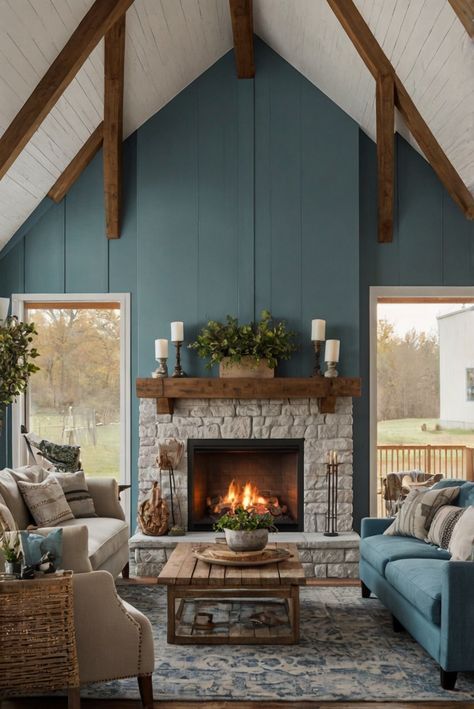 farmhouse style living room, cozy fireplace design, interior design farmhouse inspired, home decor farmhouse, farmhouse living room ideas, cozy living room design, farmhouse fireplace design Brick Fireplace Blue Walls, Blue Farmhouse Living Room Ideas, Lake House Living Room Ideas Cozy, Modern Farmhouse Blue Living Room, Vermont Interior Design, Living Room With Fireplace Design Ideas, Cape Cod House Interior Ideas Living Room, Living Room Designs Craftsman, Country Blue Living Room