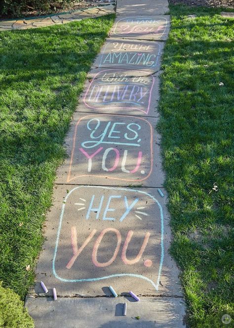 Sidewalk chalk messages: Tips and ideas from Hallmark artists - Think.Make.Share. Chalk Drawings Sidewalk 3d Street Art, Chalk Messages Sidewalk, Spring Sidewalk Chalk Art, Teacher Chalk Art, Chalk Inspiration Sidewalk, Inspiring Chalk Art, Mental Health Chalk Ideas, Christian Sidewalk Chalk Art, Inspirational Sidewalk Chalk Art