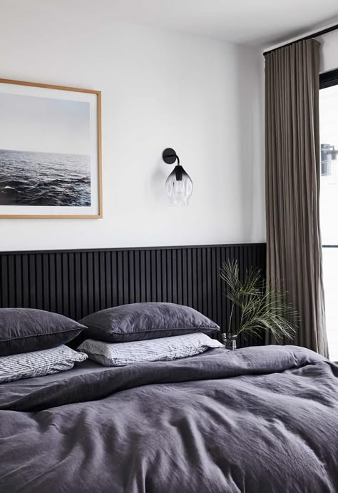 Male Guest Room, Modern Bedroom Gray Bed, Timber Lining Boards, Hunter Bedroom, House Colours, Airbnb Design, House Vibes, Australian Interior Design, Furniture Flips