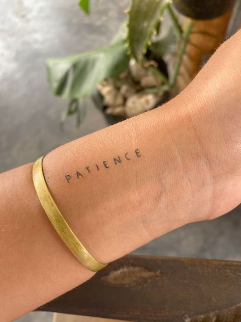 Lucky Wrist Tattoo, Line Line Tattoo, Patience Wrist Tattoo, Faith And Patience Tattoo, Word On Wrist Tattoo, Think Line Tattoo, Small W Tattoo, Hand Tattoo Placement Ideas, Speak Life Tattoo