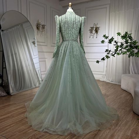 Wasisi Dubai Arabic Designer Luxury Sage Green A Line Beaded Evening Dresses Gowns For Women Wedding Luxury Wedding Dress Mermaid, Beaded Wedding Dress Mermaid, Heavy Beaded Wedding Dress, Custom Bridesmaid Dress, Satin Evening Dresses, Arabic Design, Evening Dresses Short, Long Sleeve Evening Dresses, Wedding Dresses Beaded