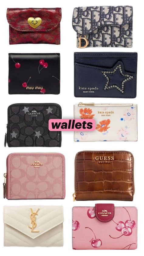 follow and comment if u wanna see more fashion collages. these wallets are all super cute!! wallets, kate spade, guess, miu miu, ysl, mini wallets, small wallet, dior wallet, guess wallet, 10 wallets in a wallet collage. Pretty Wallet Aesthetic, Aesthetic Wallet, Wallet Aesthetic, Miu Miu Wallet, Guess Wallet, Cute Wallet, Wallet Cute, Dior Wallet, Summer Closet