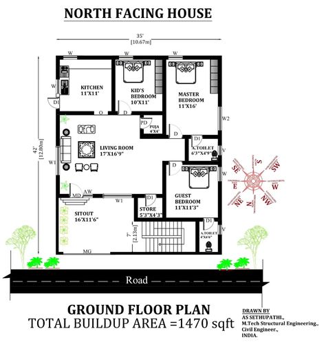 35'X42' Marvelous North facing 3bhk Furniture house plan as per Vastu Shastra.Download Autocad DWG and PDF file. - Cadbull 3 Bedroom Home Floor Plans, West Facing House, North Facing House, Vastu House, Home Gym Design Garage, Three Bedroom House Plan, Indian House Plans, Three Bedroom House, Floor Plan Drawing