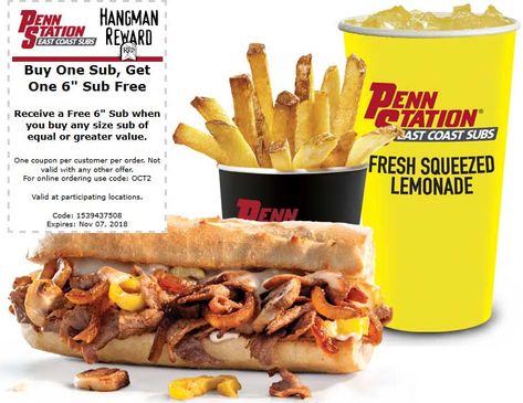 Pinned October 19th: Second sub sandwich #FREE at #PennStation #TheCouponsApp Fresh Cut Fries, Fresh Squeezed Lemonade, Restaurant Deals, Penn Station, Sub Sandwiches, Delicious Sandwiches, Philly Cheese Steak, Fresh Cut, Bread Baking