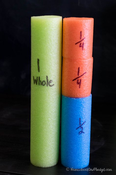 Have a little one learning fractions? Make these DIY Pool Noodle Fraction Manipulatives. Perfect for homeschooling, or just to help with homework. Games With Pool Noodles, Learning Fractions, Math Homework Help, Fraction Games, Fraction Activities, Math Groups, Math Manipulatives, Fun Math Games, Pool Noodle