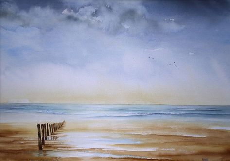 Seaside Paintings Easy, Zee Art, Seaside Cottage Painting, Shore Drawing Beach, Watercolor Ocean, Beach Watercolor, Watercolor Paintings Tutorials, Beach Crafts, Abstract Lines