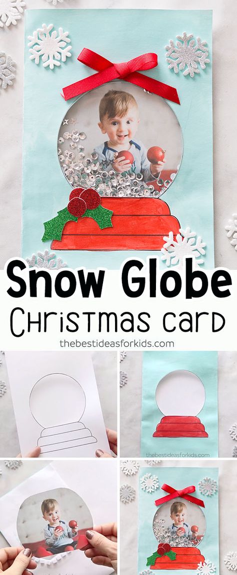 DIY Snow Globe Christmas Card - this handmade Christmas card idea for kids is so cute and fun to make! Great to make for kids to give as a Christmas card to parents or grandparents.  #bestideasforkids Snow Globe Christmas Cards For Kids, Snow Globe Christmas Cards Diy, Christmas Cards From Kids To Parents, Christmas Card Snow Globe, Christmas Card For Parents From Kids, Snow Globe Christmas Card, Christmas Card Ideas For Kids To Make, Snow Globe Cards Christmas, Christmas Cards Kindergarten