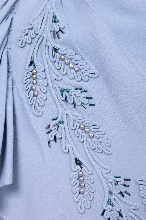 Embellished blue dress, detail.  No one wants to take the time to do this kind of intricate embellishment any longer.  It's becoming a lost art. Couture Details Embellishments, Motif Soutache, Soutache Pattern, Design On Fabric, Western Costume, Pola Manik, Embellishment Details, Fabric Embellishment, Bead Embroidery Patterns