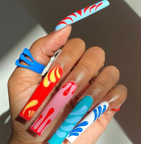 Red And Yellow Nail Designs, Red And Yellow Nails, Colorful Summer Nails, Vacation Nail Designs, Nails 23, Color Block Nails, Bright Pink Nails, Swirl Nails, Abstract Nail